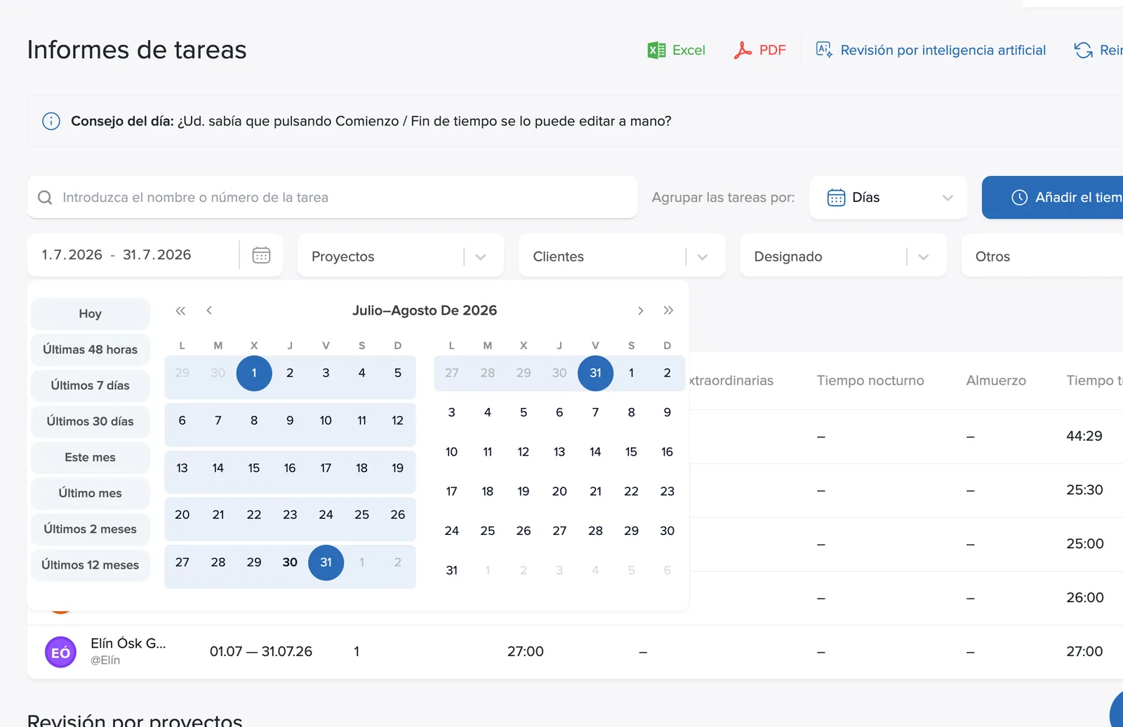El menú rápido del selector de calendario