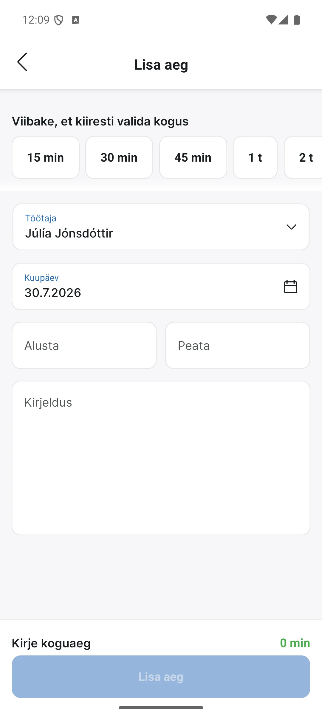 Aja lisamine äpis