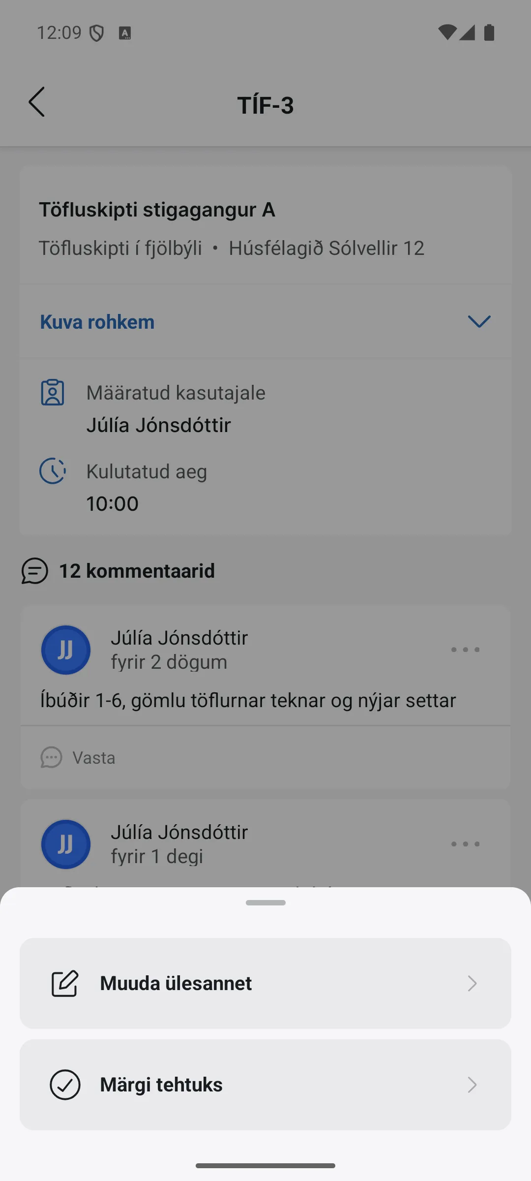 Ülesande toimingute paneel