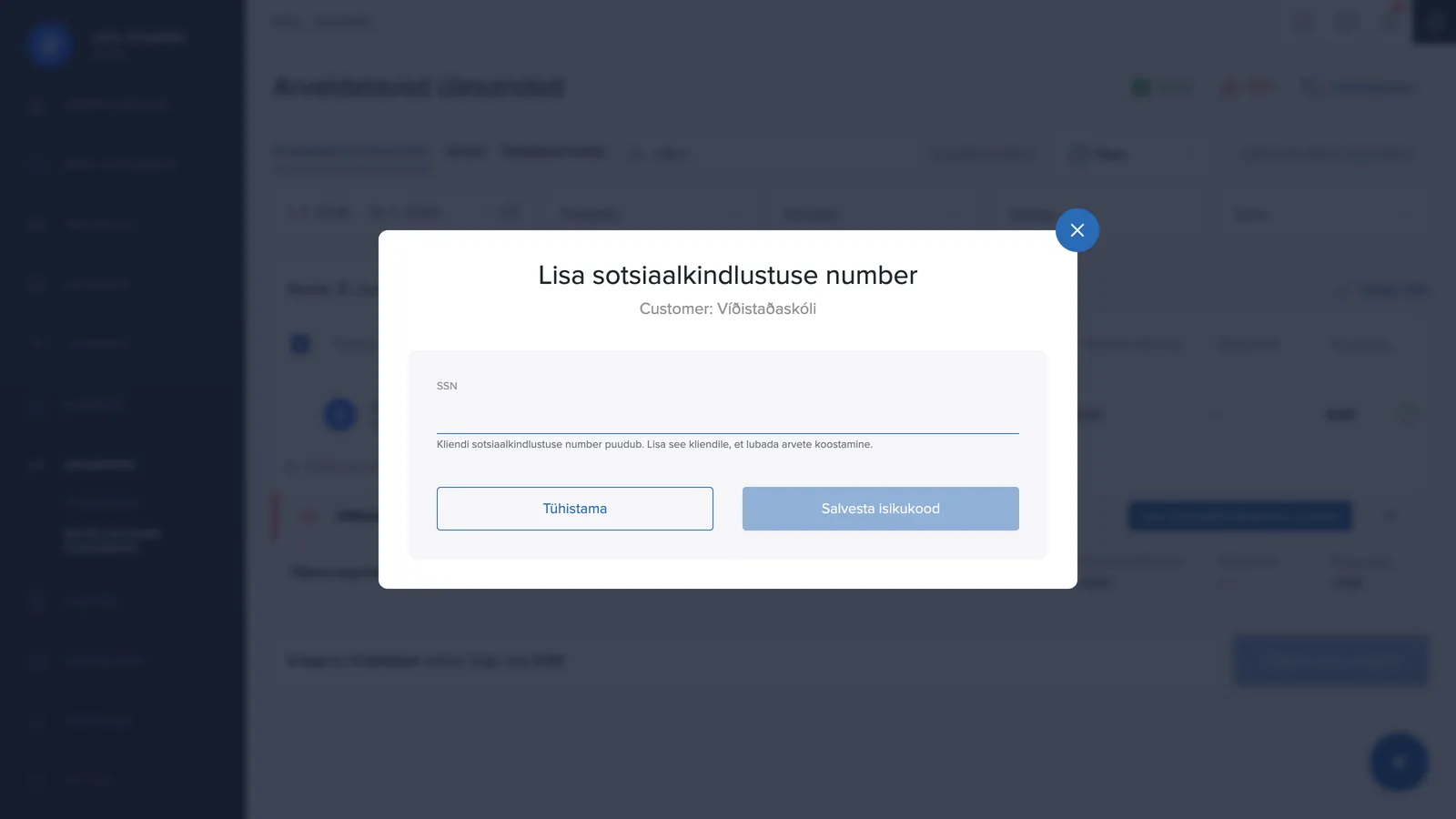 Registrikoodi lisamise aken