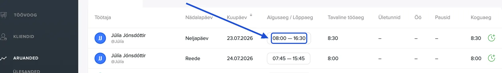 Klõpsa aegadel veerus Algusaeg / Lõppaeg