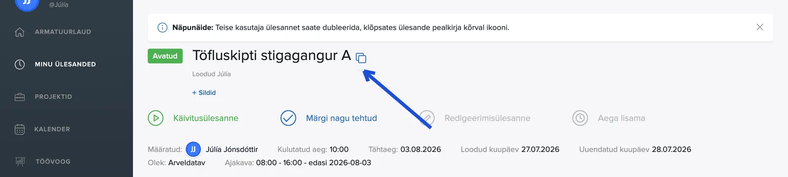 Vihje ja kopeerimisikoon ülesande nime kõrval