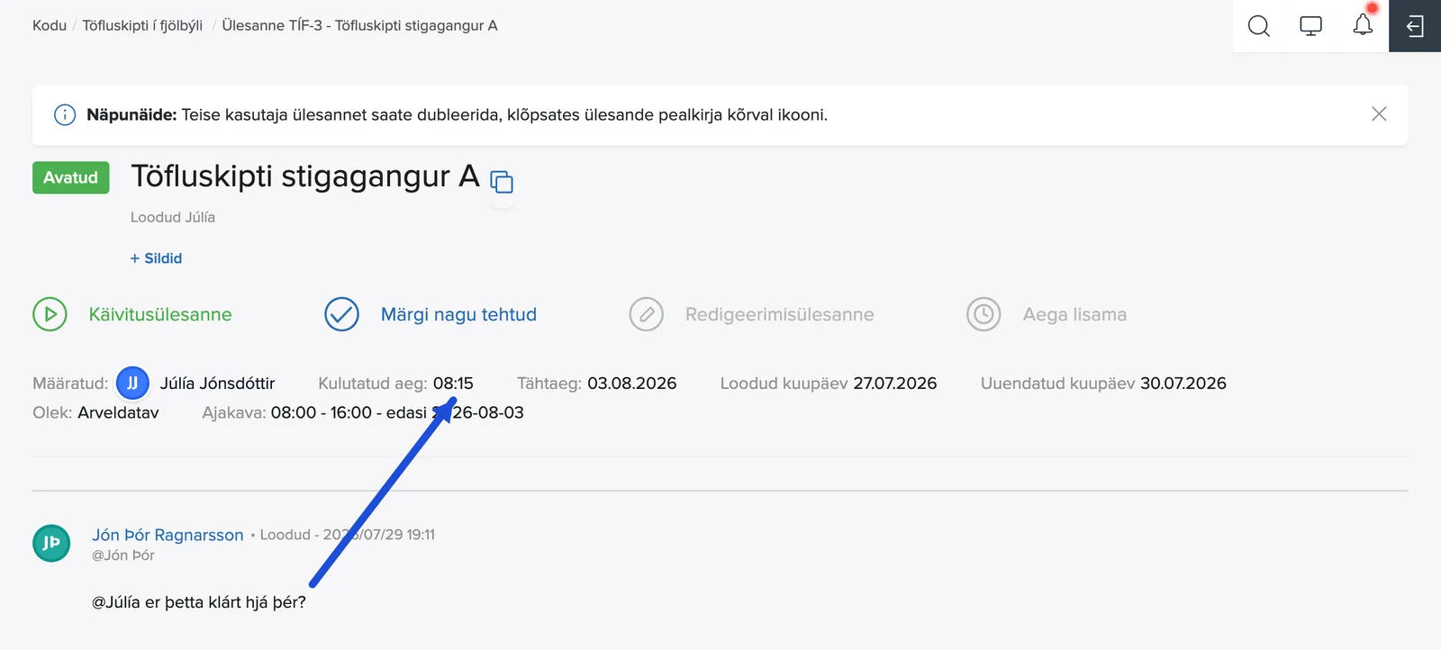Klõpsa ajal, et avada ülesande tööaruanne