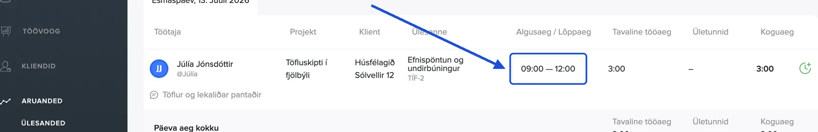 Klõpsa aegadel veerus Algusaeg / Lõppaeg