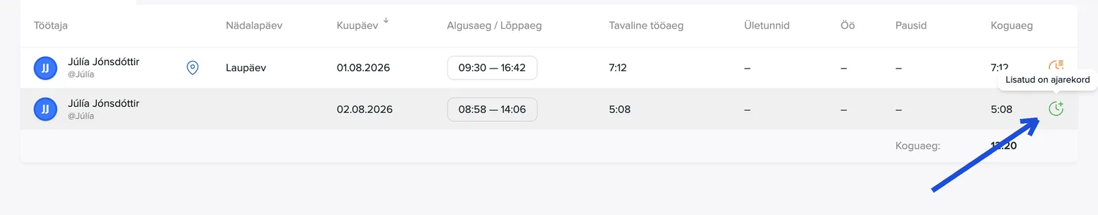 Roheline tähis: aeg lisatud käsitsi