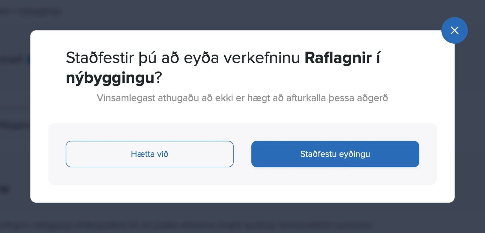 Staðfestingargluggi fyrir eyðingu verkefnis