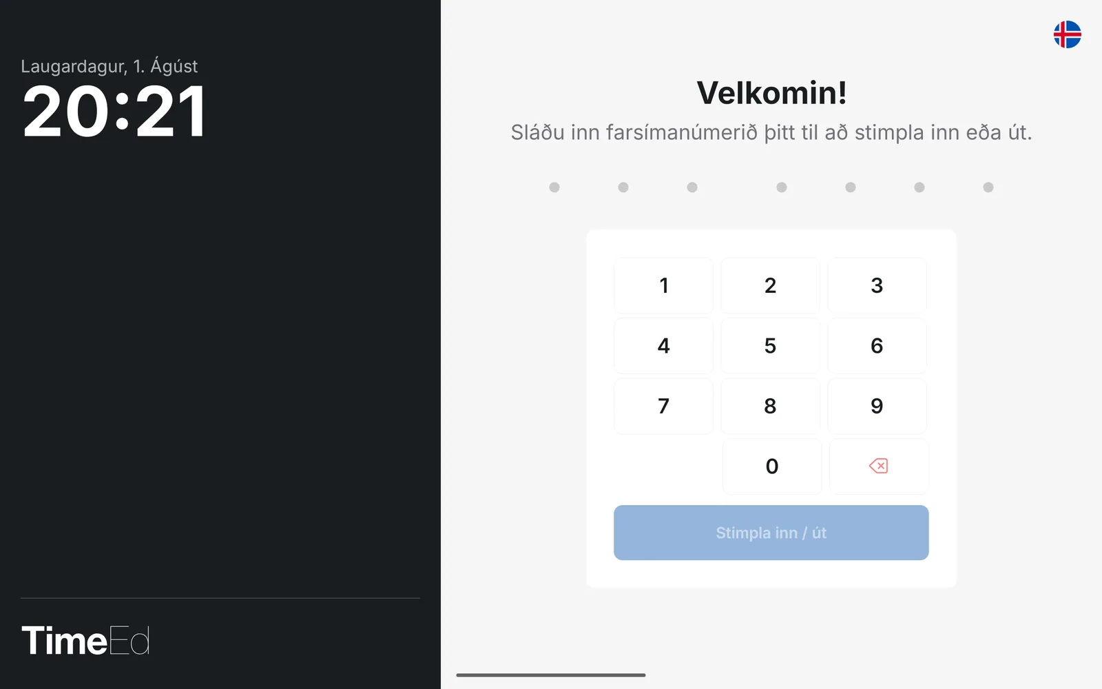 Upphafsskjár stimpilklukkunnar
