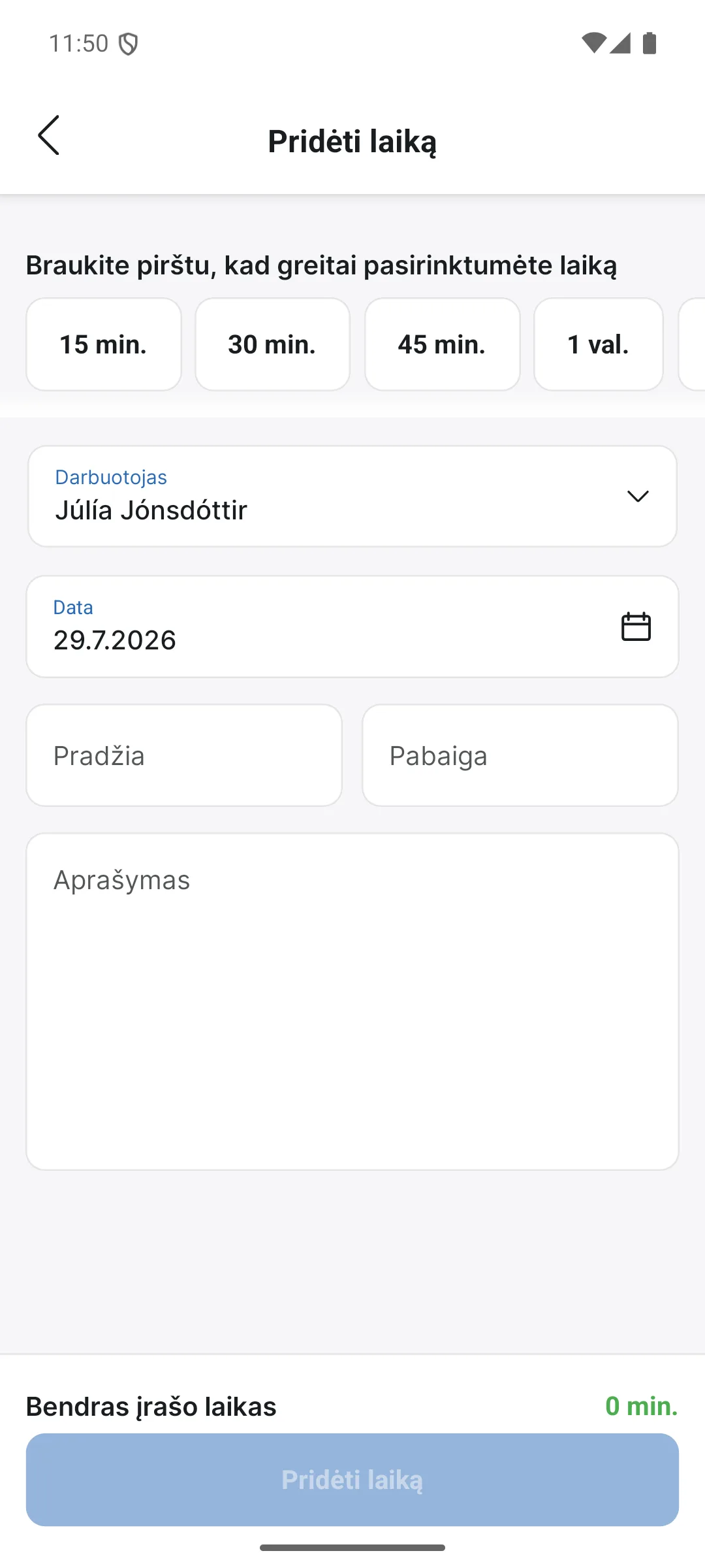 Pridėti laiką programėlėje