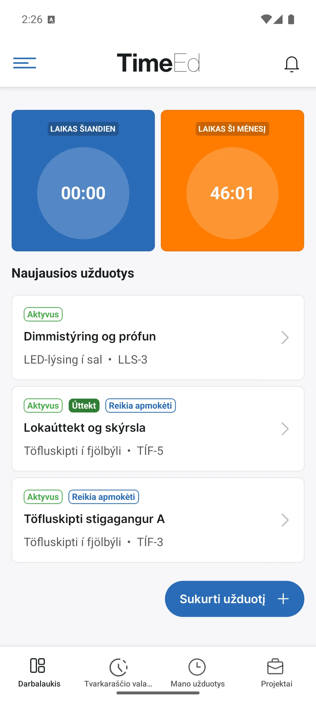 Valdymo skydelis TimeEd programėlėje