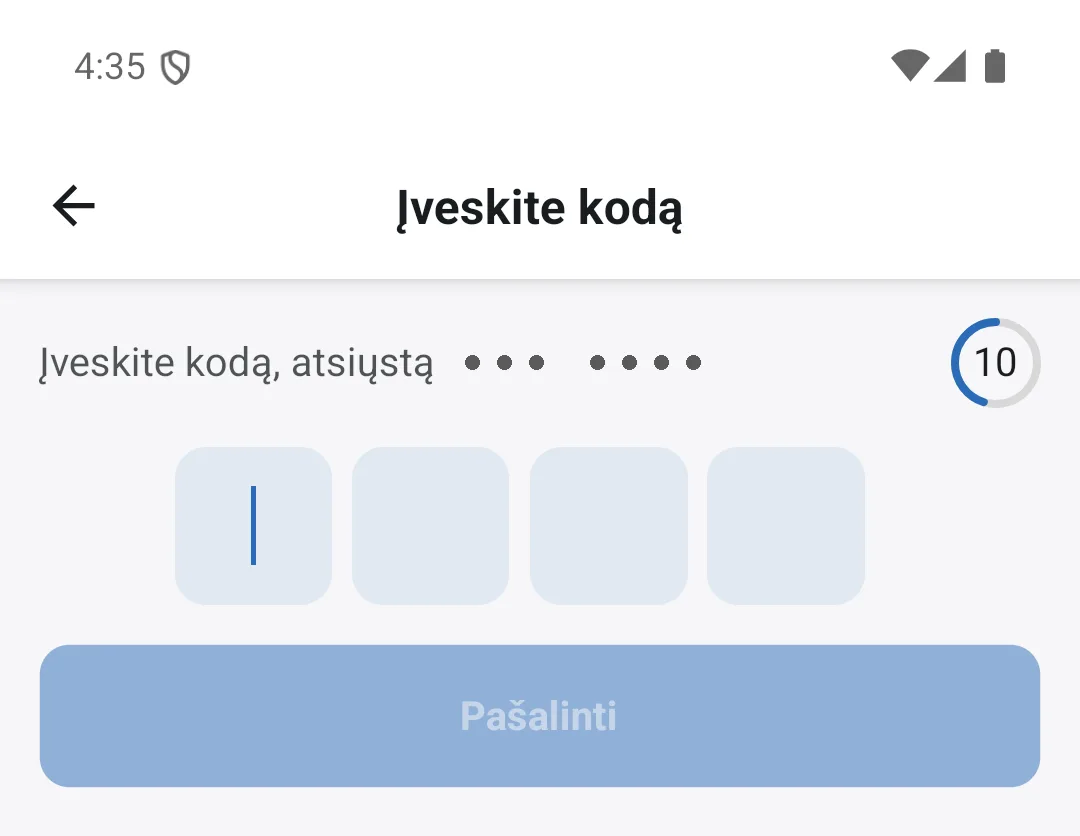 Įvedamas SMS kodas