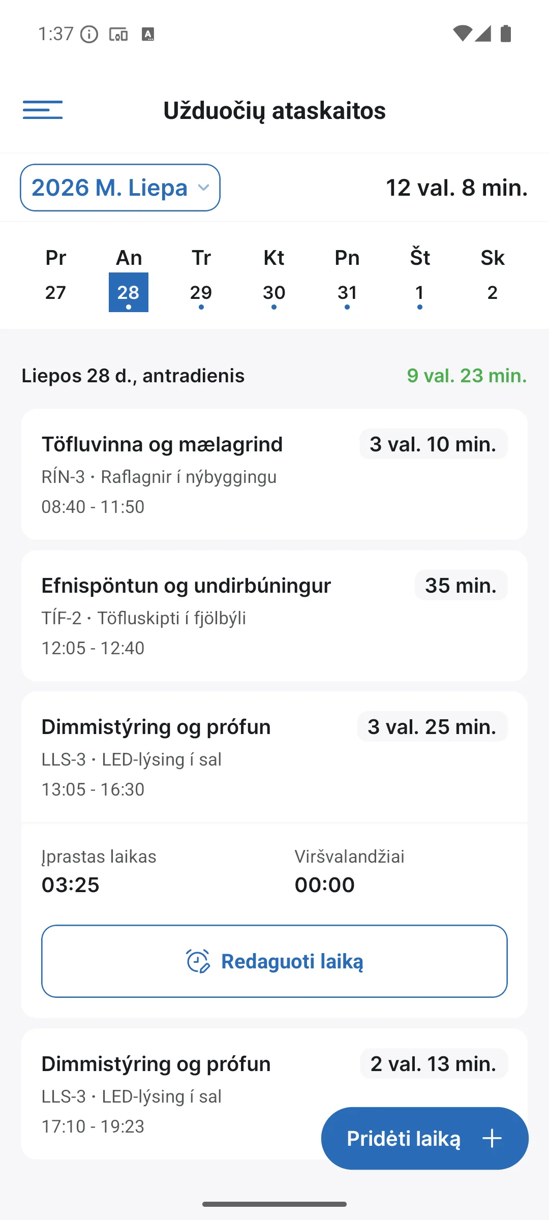 Užduočių ataskaitos programėlėje