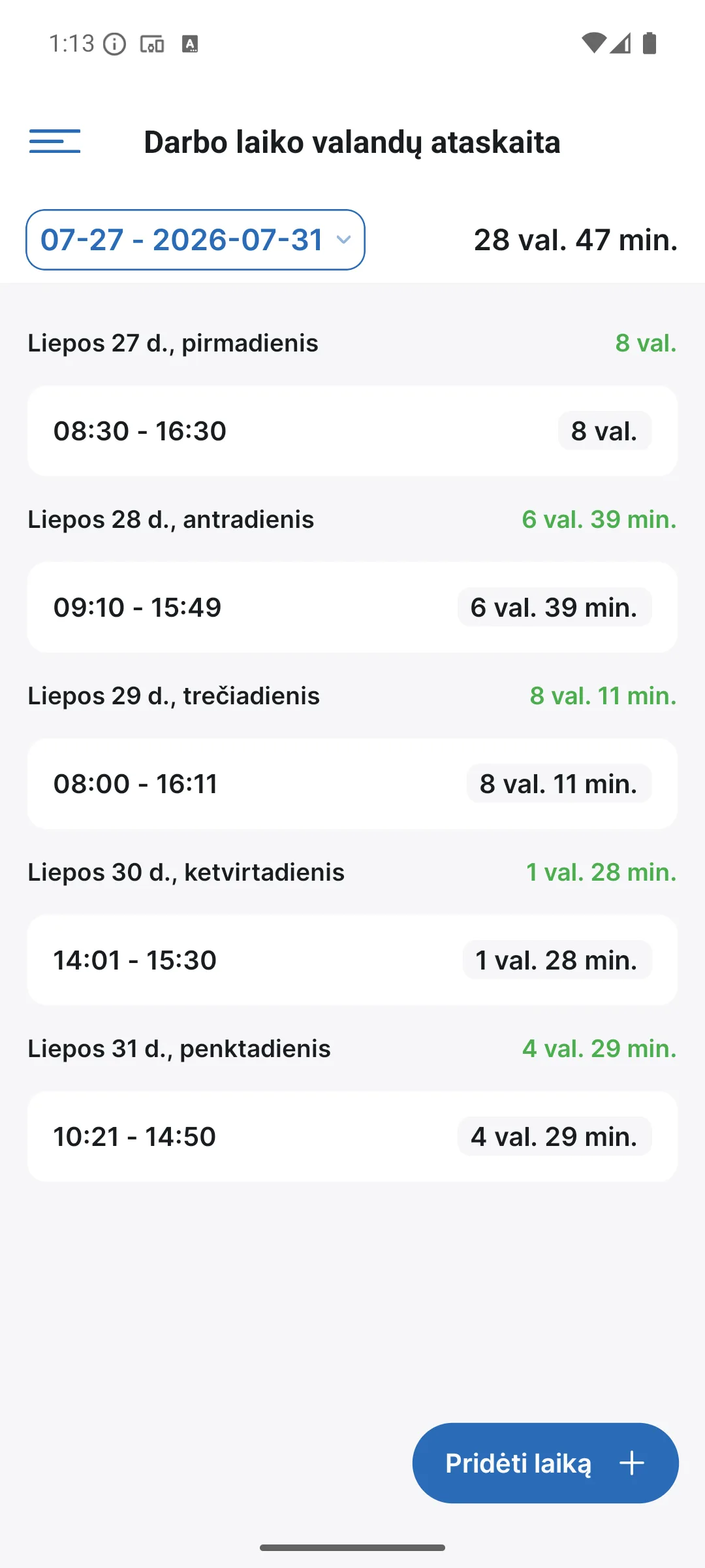 Darbo laiko žymeklio ataskaita programėlėje