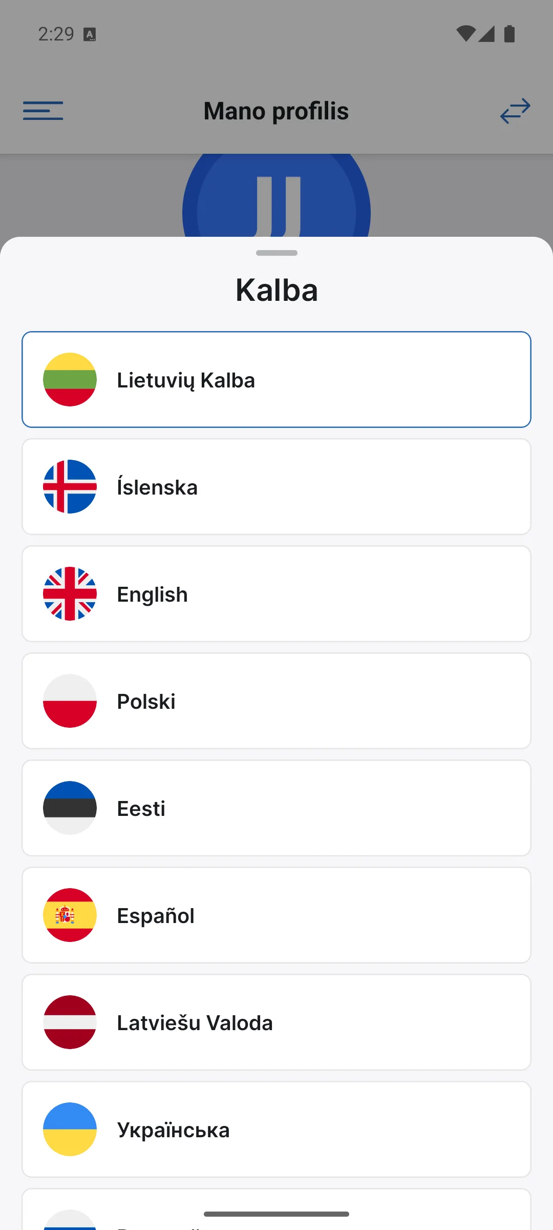 Kalbos pasirinkimas programėlėje