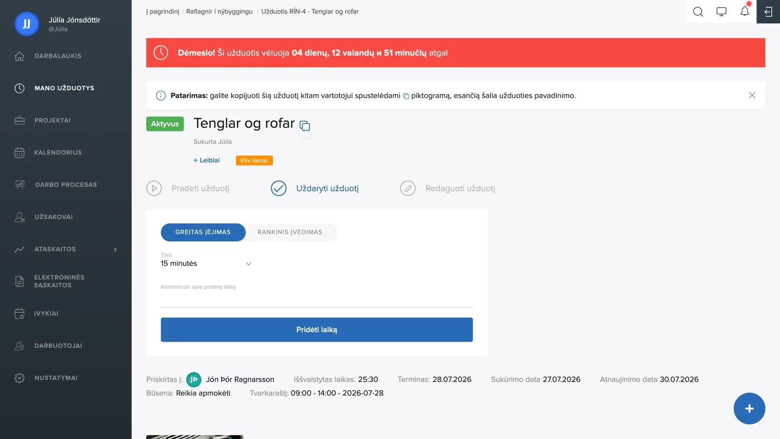 Laiko pridėjimas užduotyje