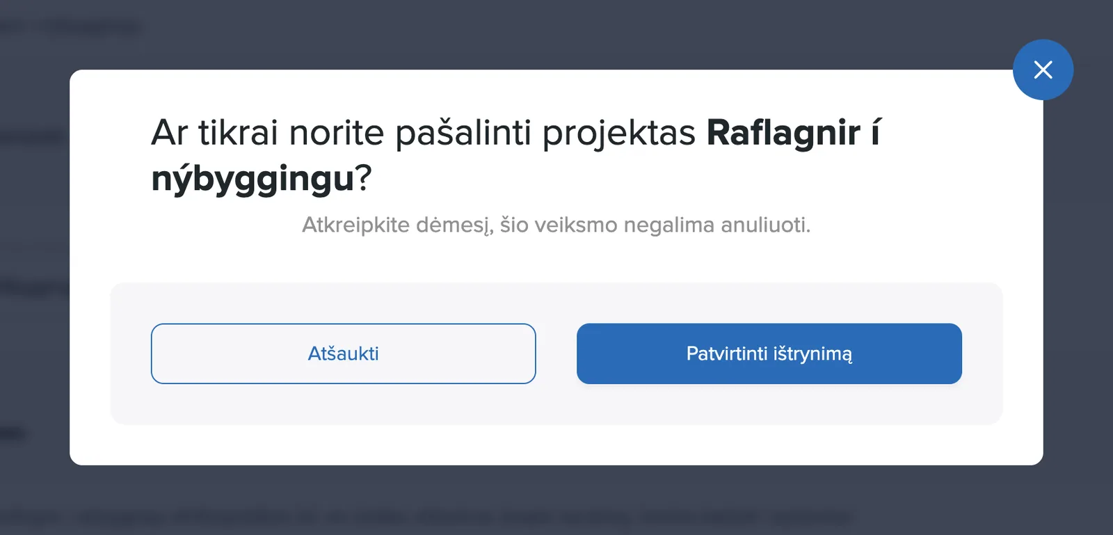 Projekto ištrynimo patvirtinimo langas