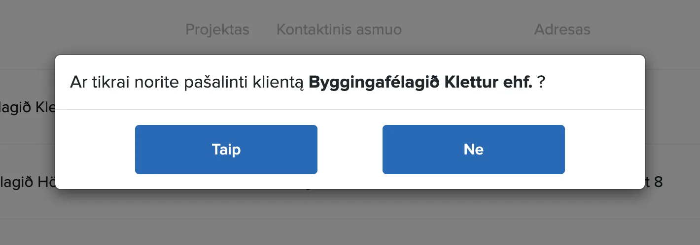 Kliento ištrynimo patvirtinimo langas