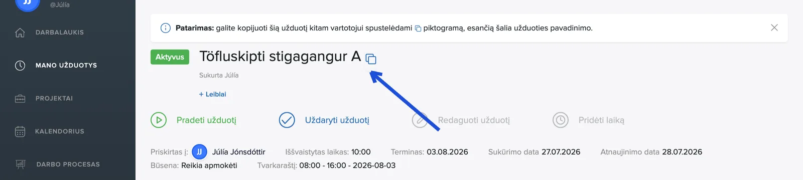 Užuomina ir kopijavimo piktograma prie užduoties pavadinimo