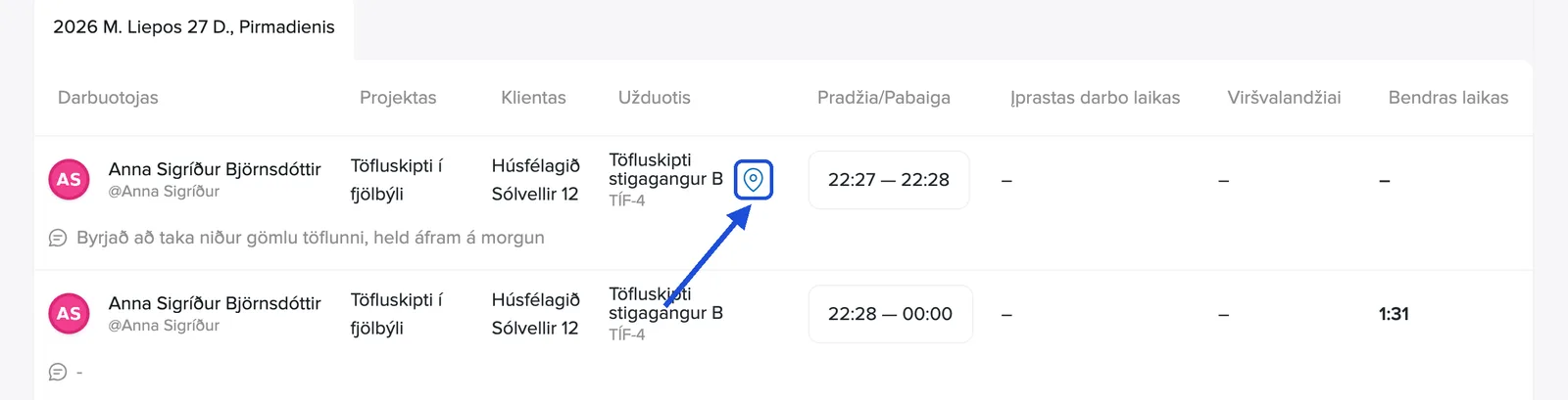 GPS ženkliukas užduočių ataskaitoje