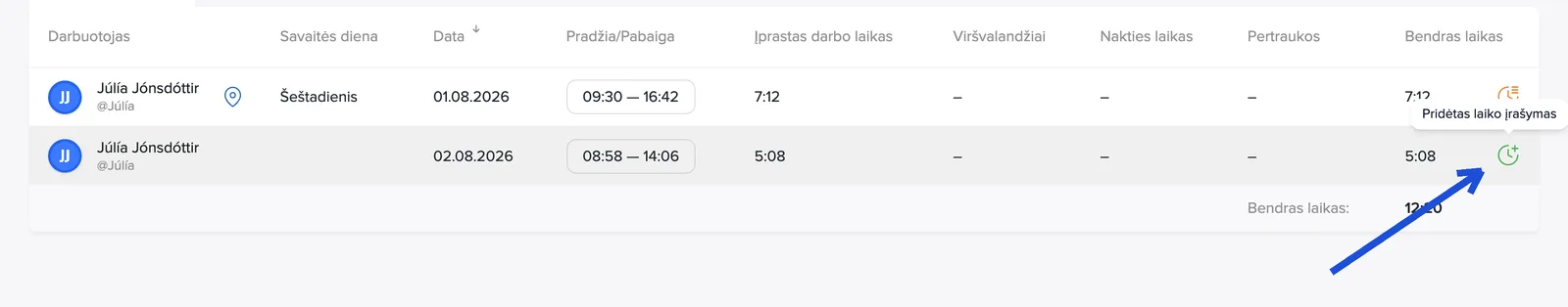 Žalias ženklas: laikas pridėtas rankiniu būdu