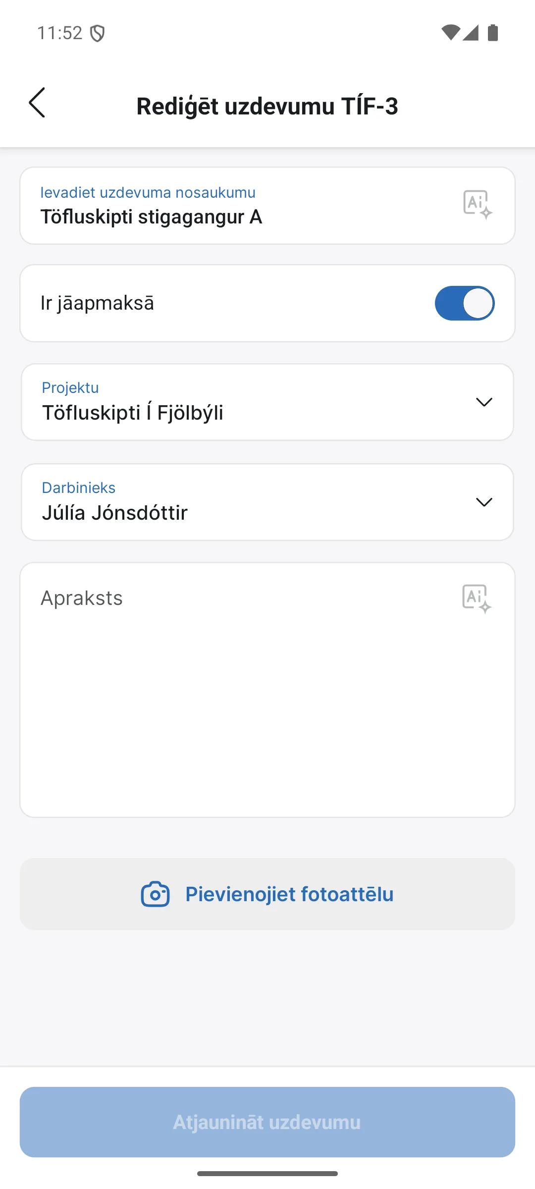 Rediģēt uzdevumu lietotnē