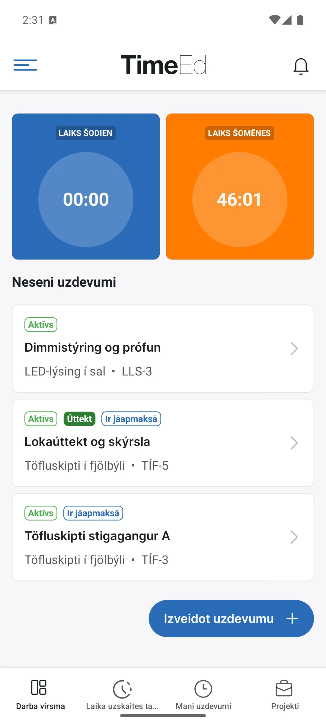 Informācijas panelis TimeEd lietotnē