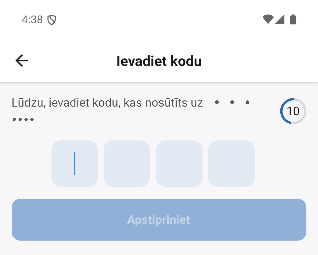 SMS koda ievadīšana