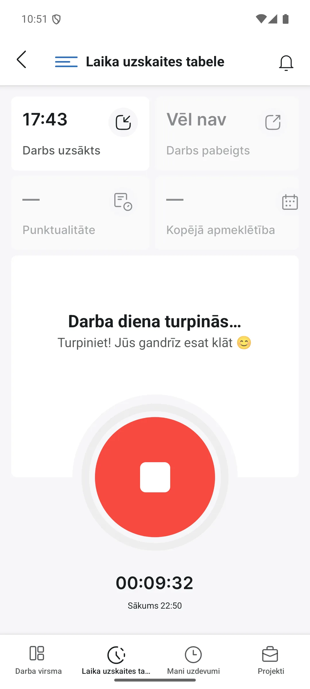 Laika uzskaites tabele darbībā