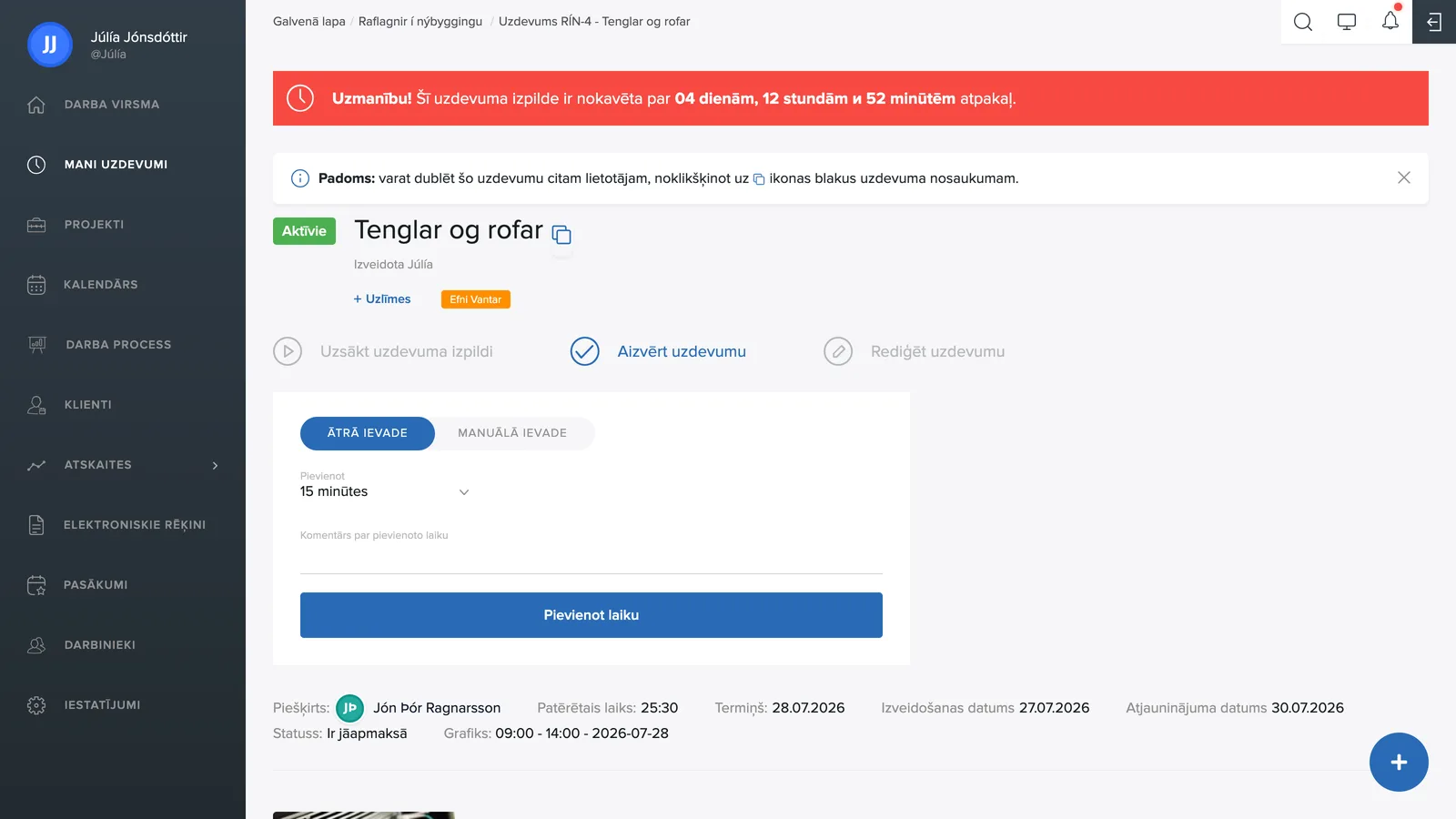 Laika pievienošana uzdevumam