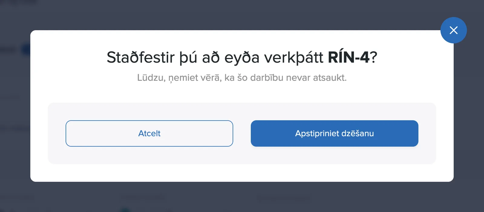 Uzdevuma dzēšanas apstiprinājuma logs