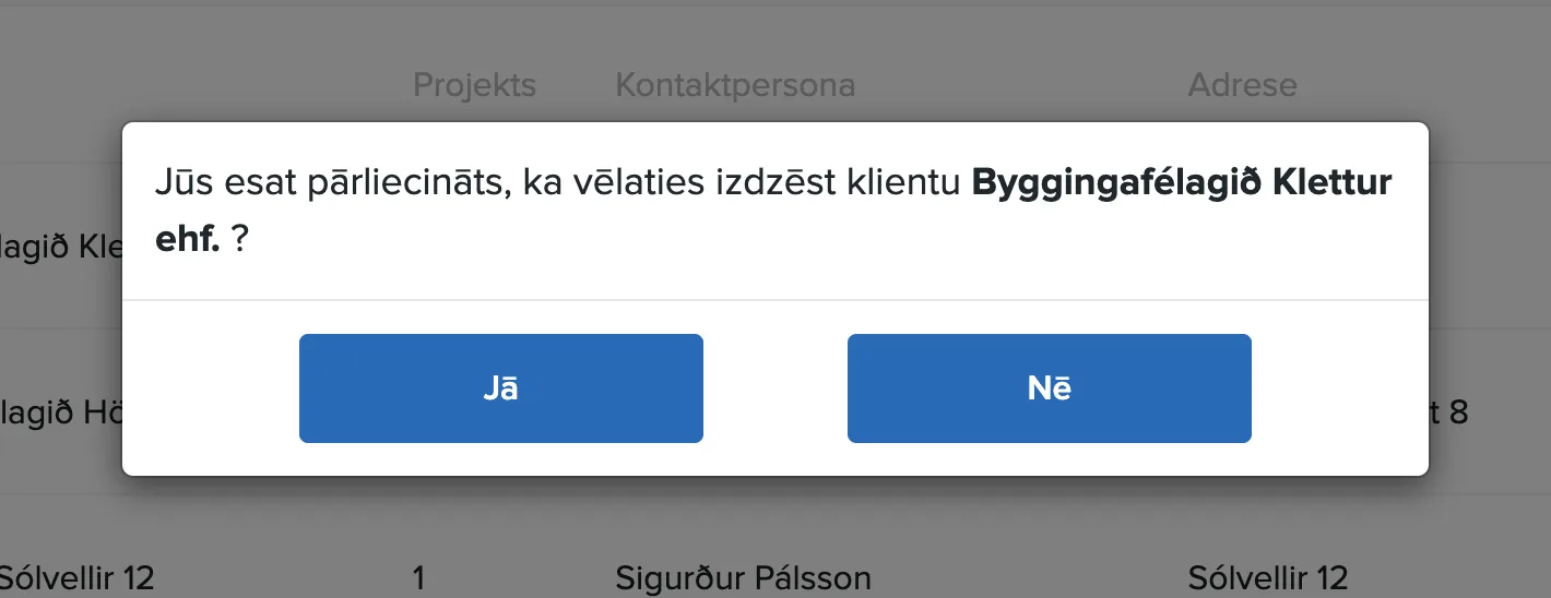 Klienta dzēšanas apstiprinājuma logs