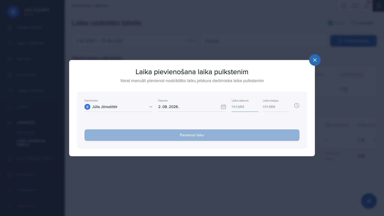 Laika pievienošana darba laika pulkstenī
