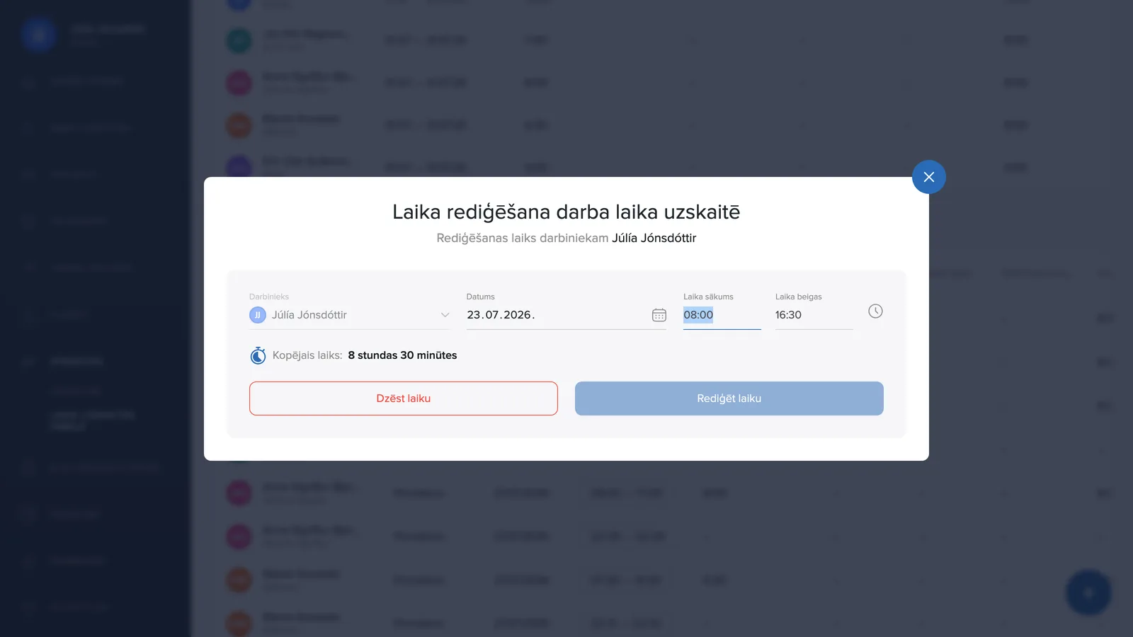 Laika mainīšana vai dzēšana darba laika pulkstenī