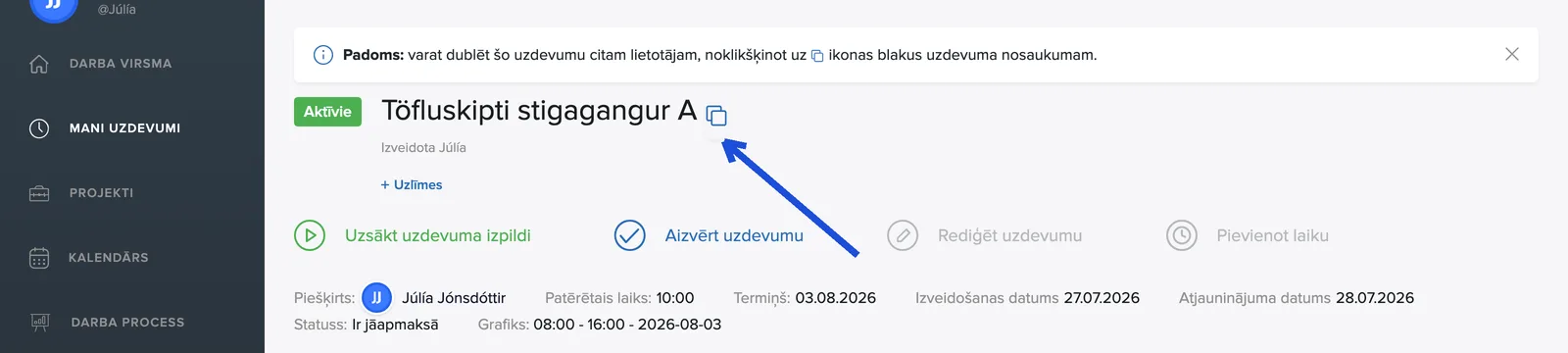 Norāde un kopēšanas ikona blakus uzdevuma nosaukumam