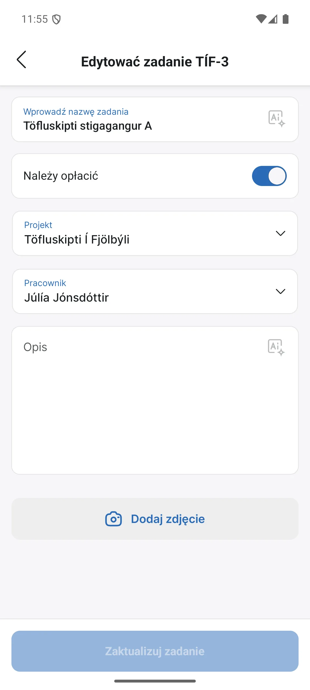 Edycja zadania w aplikacji