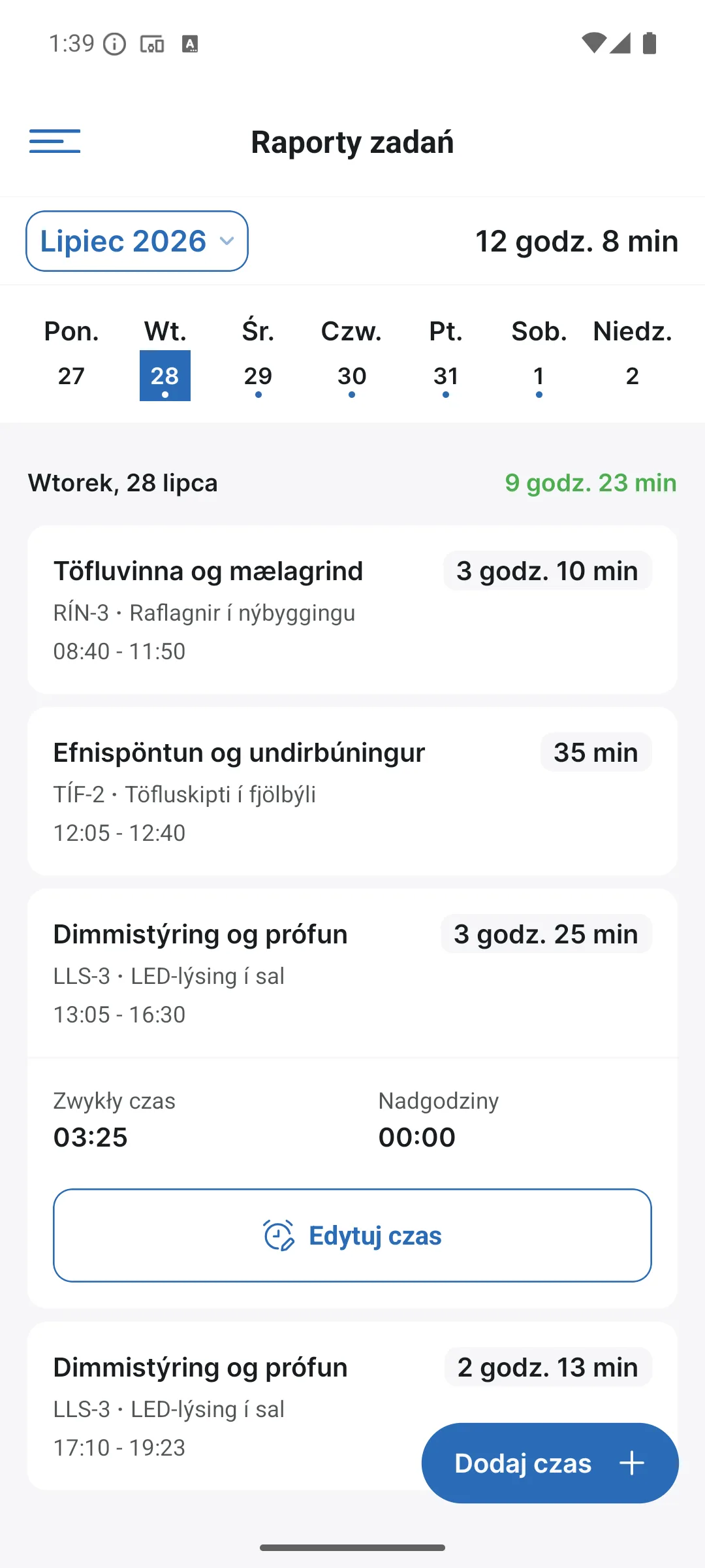 Raporty zadań w aplikacji