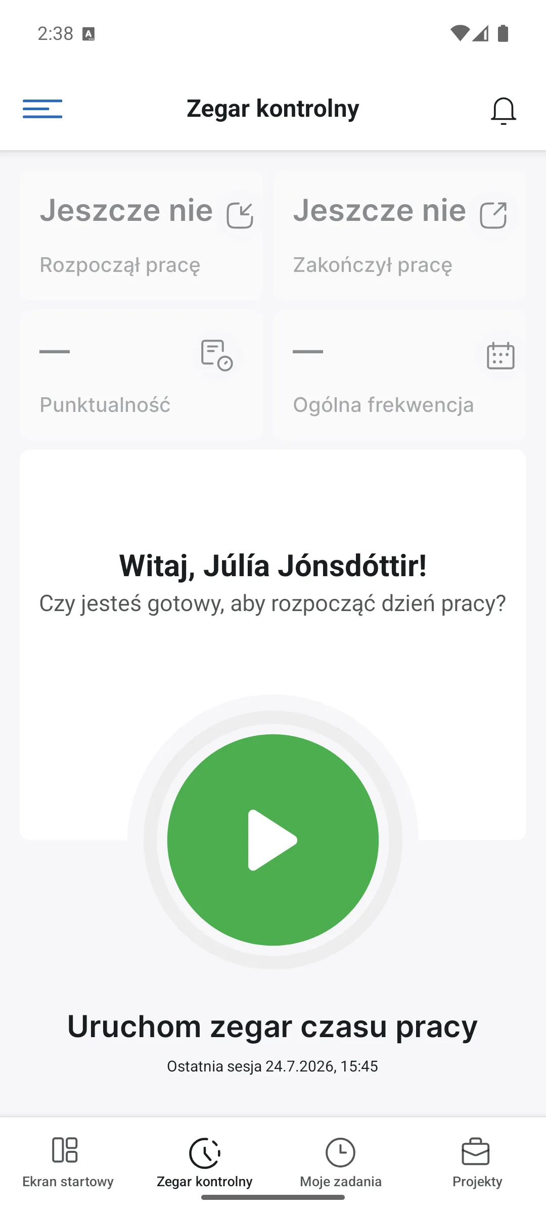 Zegar kontrolny w aplikacji