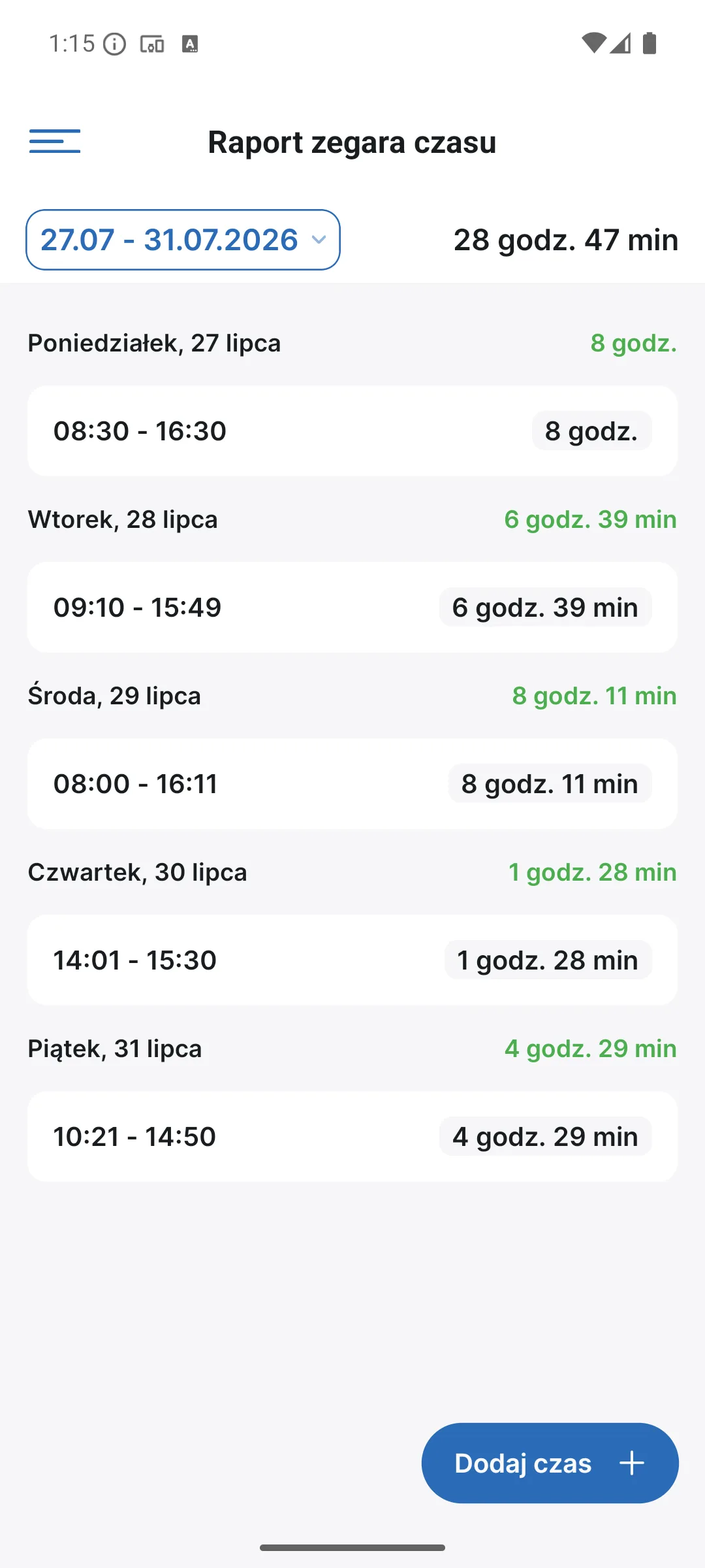 Raport zegara kontrolnego w aplikacji