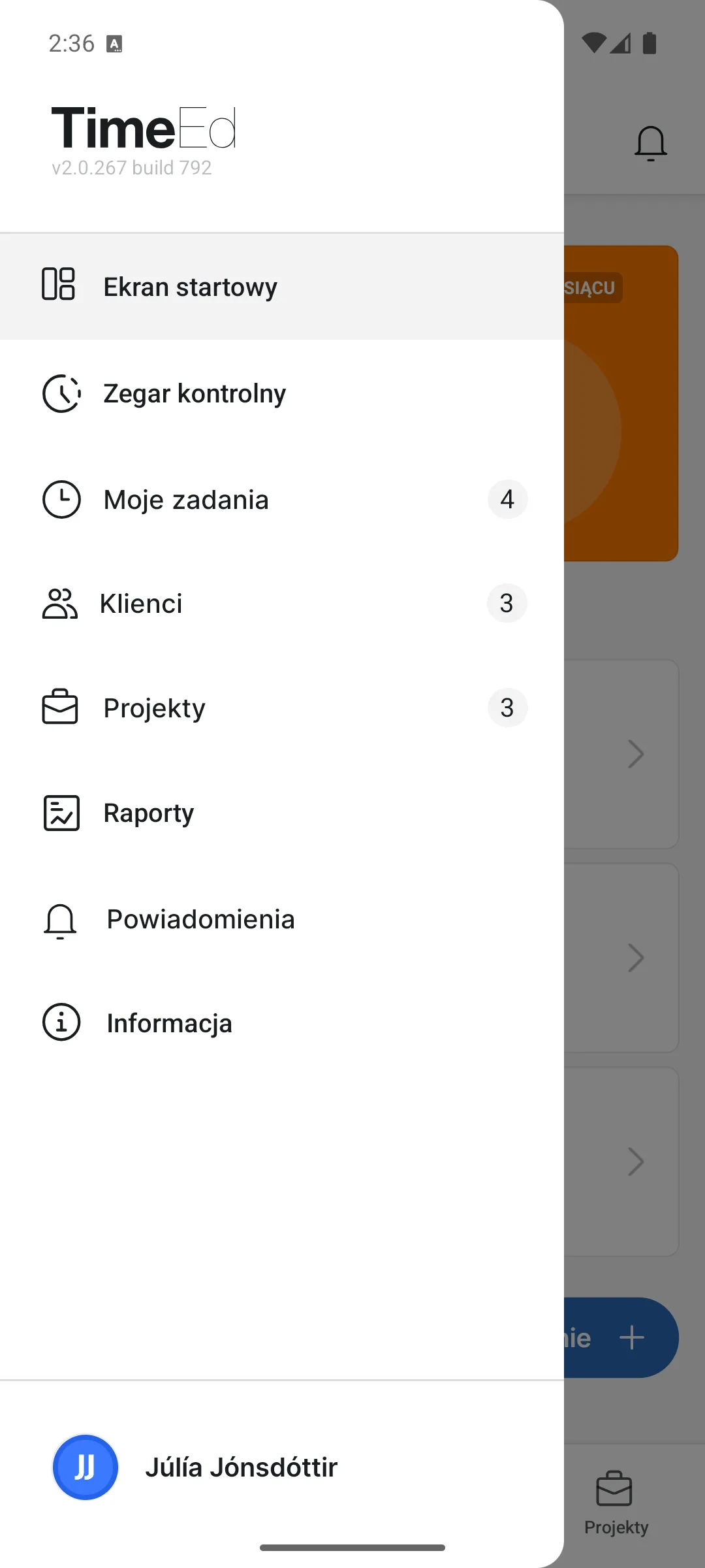Menu w aplikacji