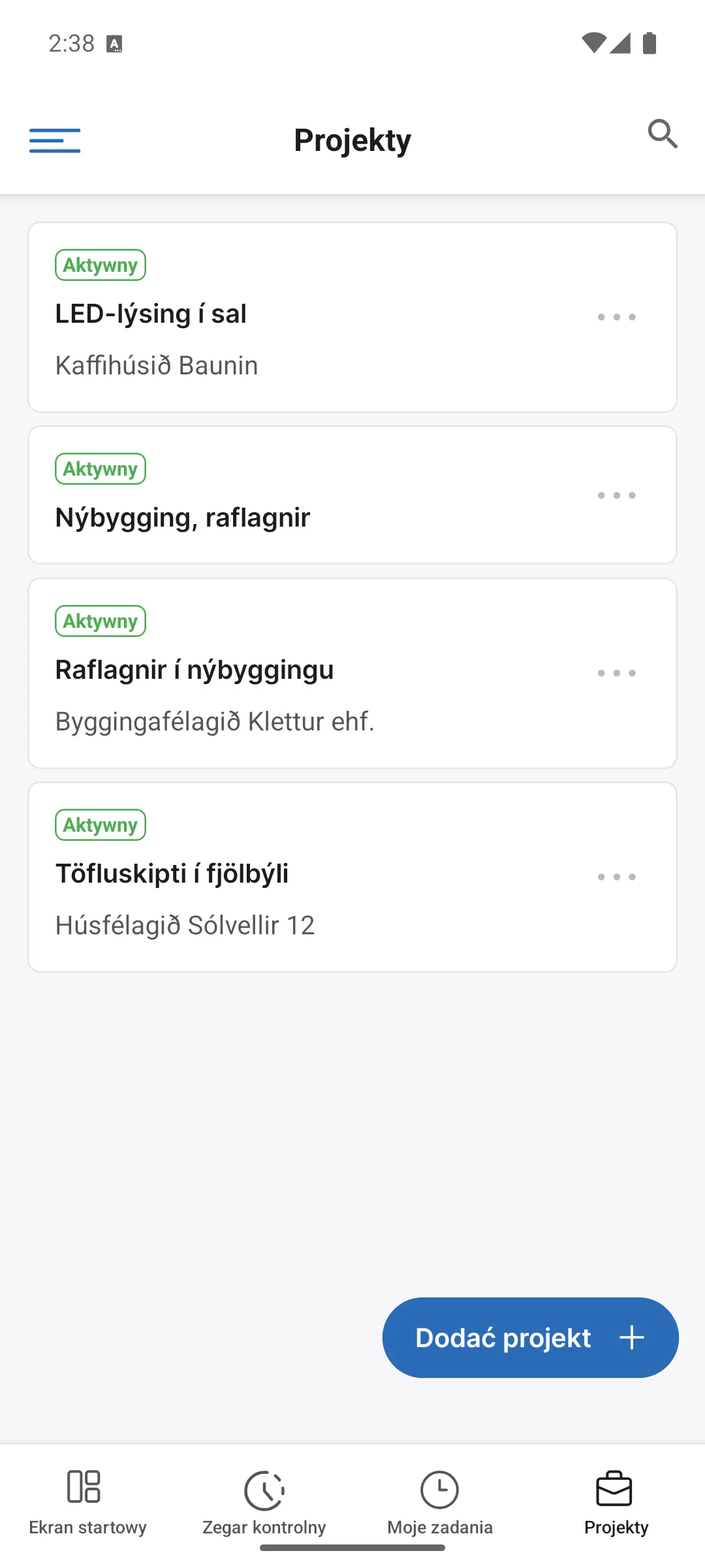 Projekty w aplikacji