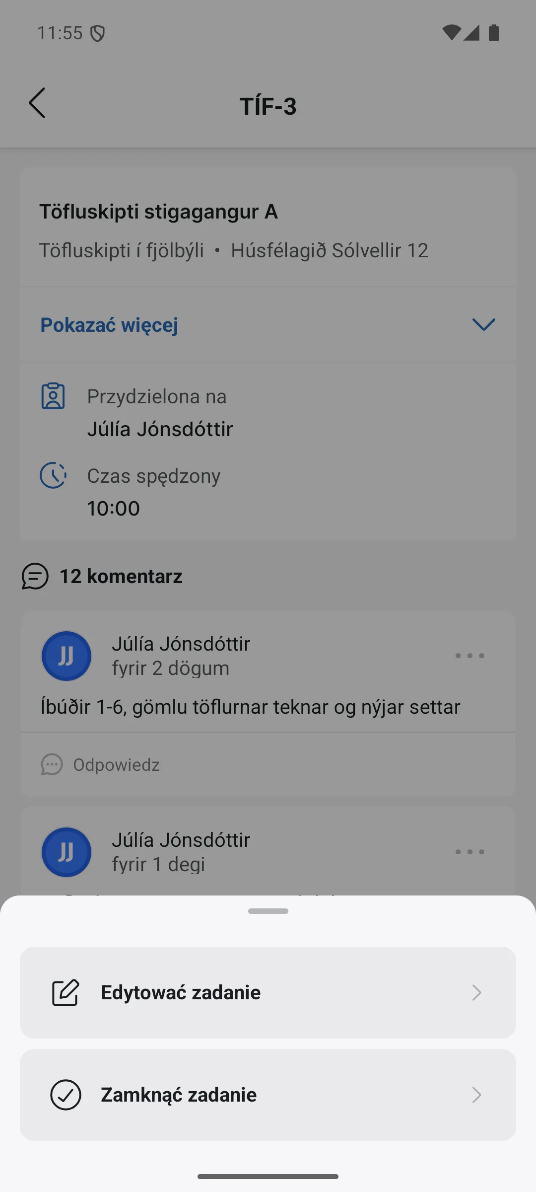 Panel akcji zadania