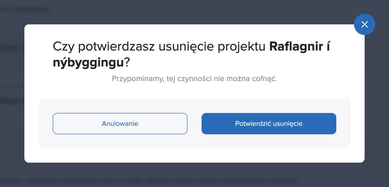Okno potwierdzenia usunięcia projektu