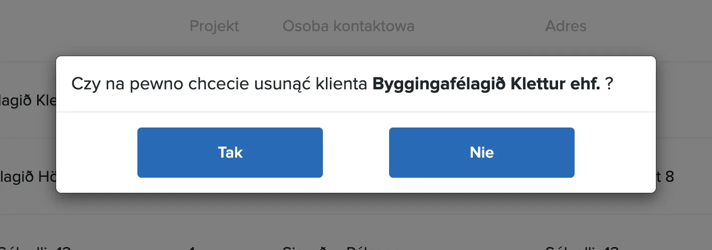 Okno potwierdzenia usunięcia klienta