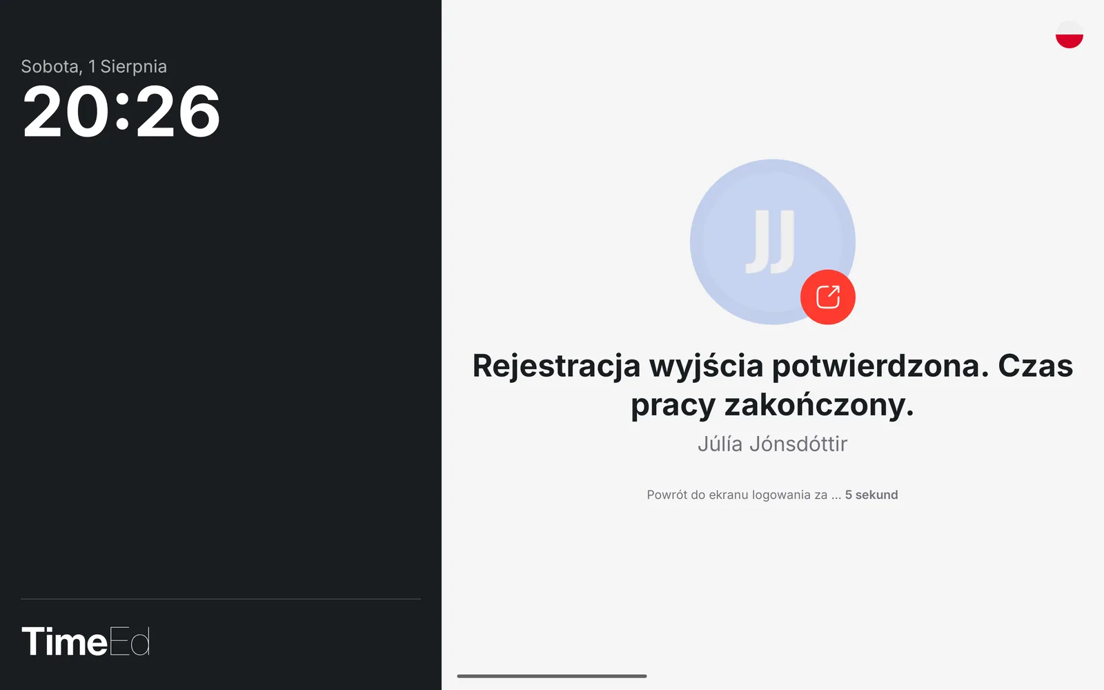 Rejestracja wyjścia potwierdzona