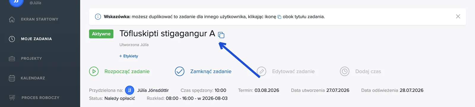 Podpowiedź i ikona kopiowania obok nazwy zadania