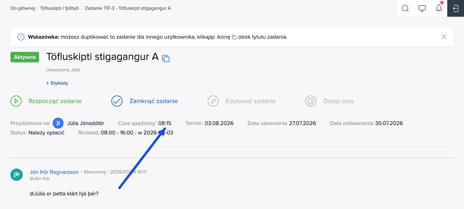 Kliknij czas, aby otworzyć raport pracy zadania