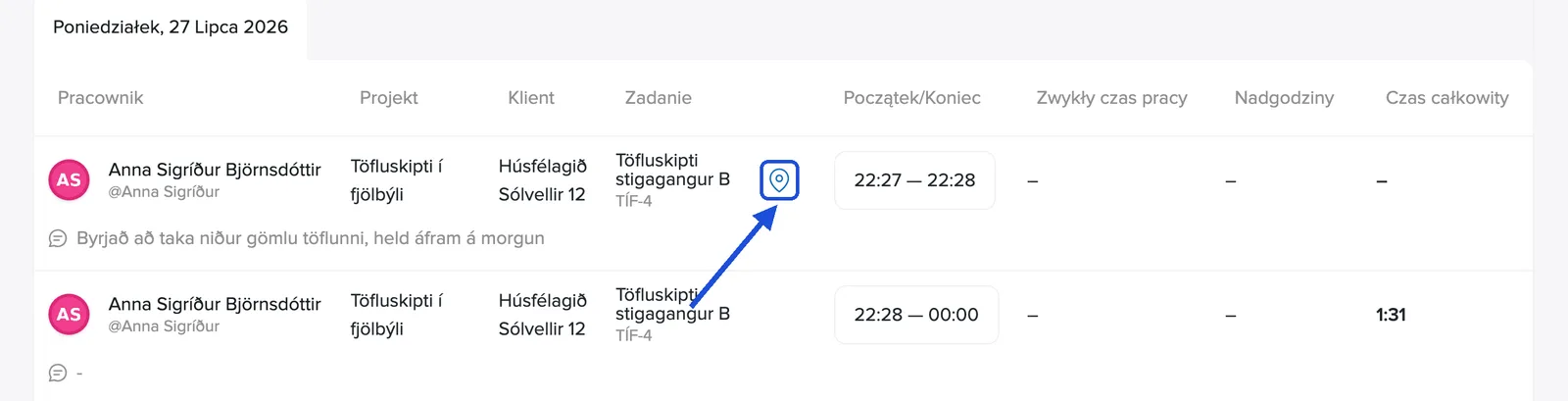 Ikona GPS w raporcie zadań