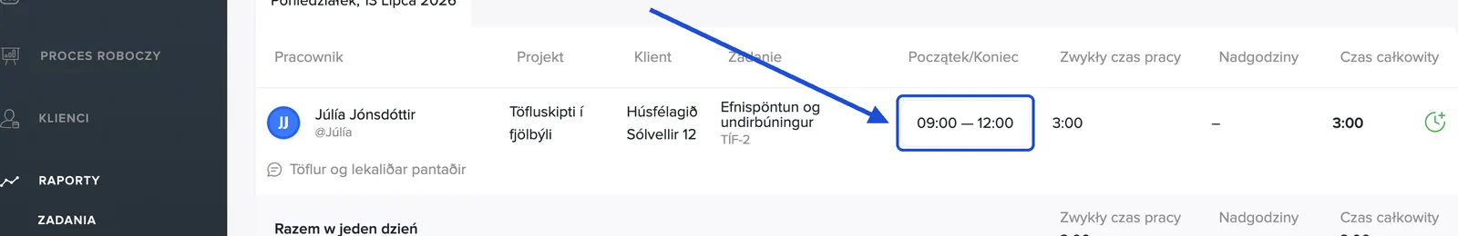 Kliknij godziny w kolumnie Początek/Koniec