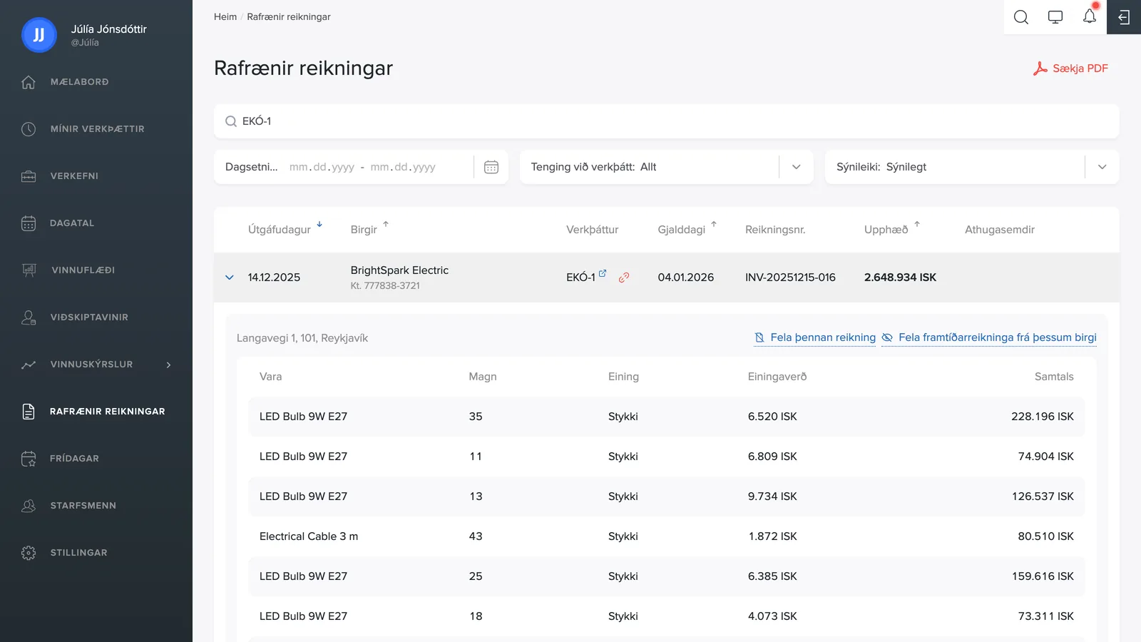 Rafrænn reikningur opinn með vörulínum