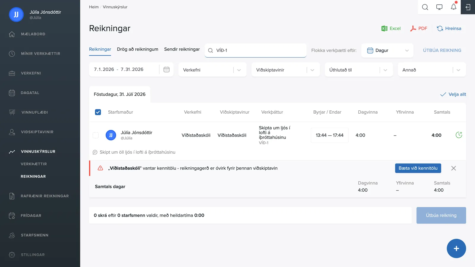 Reikningayfirlit vinnuskýrslu