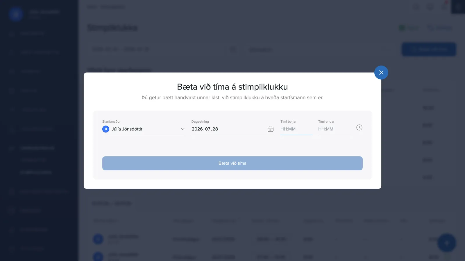 Bæta við tíma á stimpilklukku